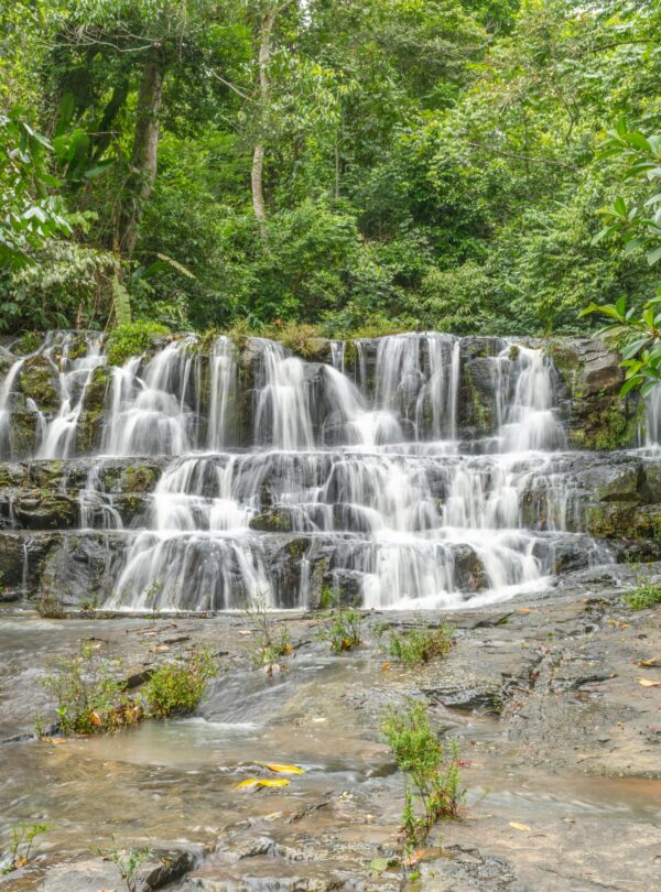 Beautiful cascading waterfall surrounded by lush jungle in Costa Rica.