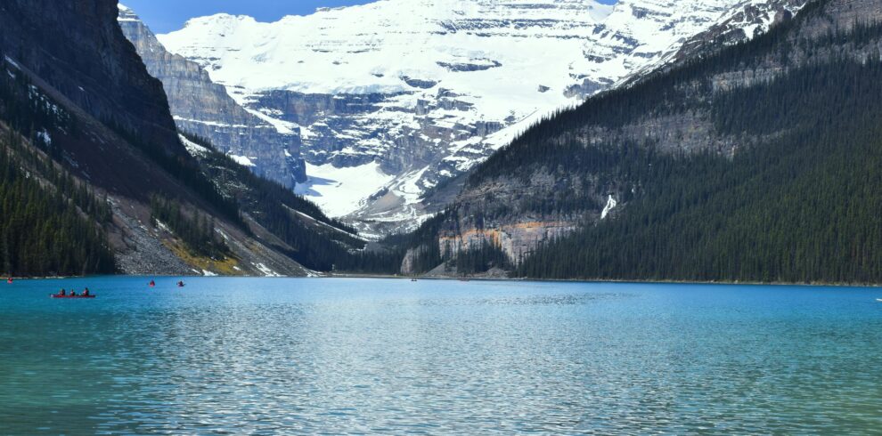 Breathtaking view of Lake Louise's blue water and snowy peaks. A must-visit in Canadian Rockies.