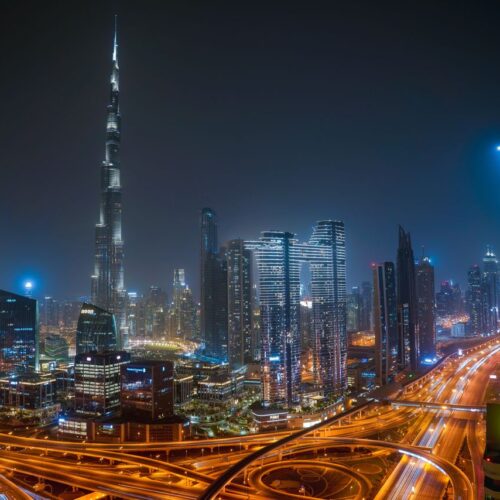 Beautiful night view of Dubai city skyline with Burj Khalifa towering over illuminated roads and skyscrapers.